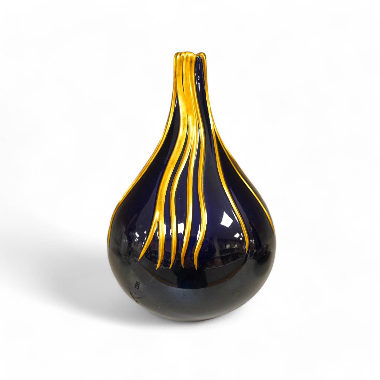 Richard Ginori cobalt blue and gilt bottle vase, mid century, designed by Giovanni Gariboldi, with raised streams of gold running down from the top, numbered 1913E, 21.5cm high. Condition - good